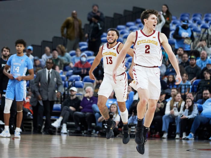 Iowa State's Caleb Grill celebrates a three vs. UNC